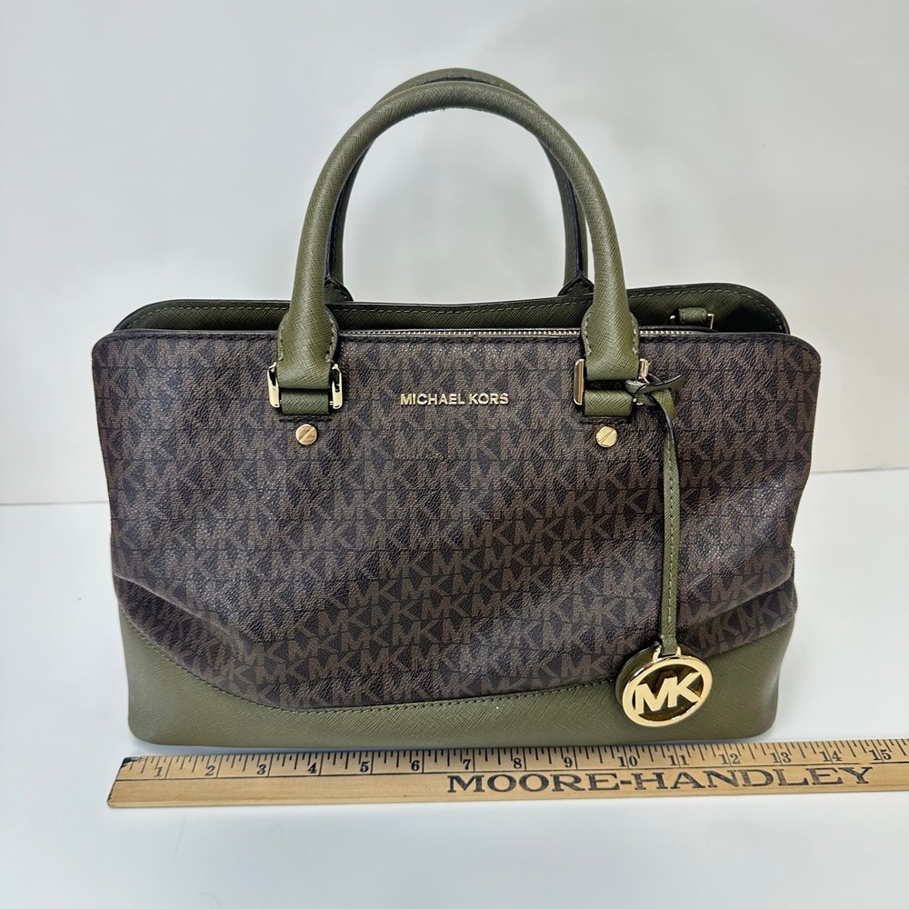 Michael Kors Signature Logo Satchel Brown Olive Green Two Tone Handbag Gold HW